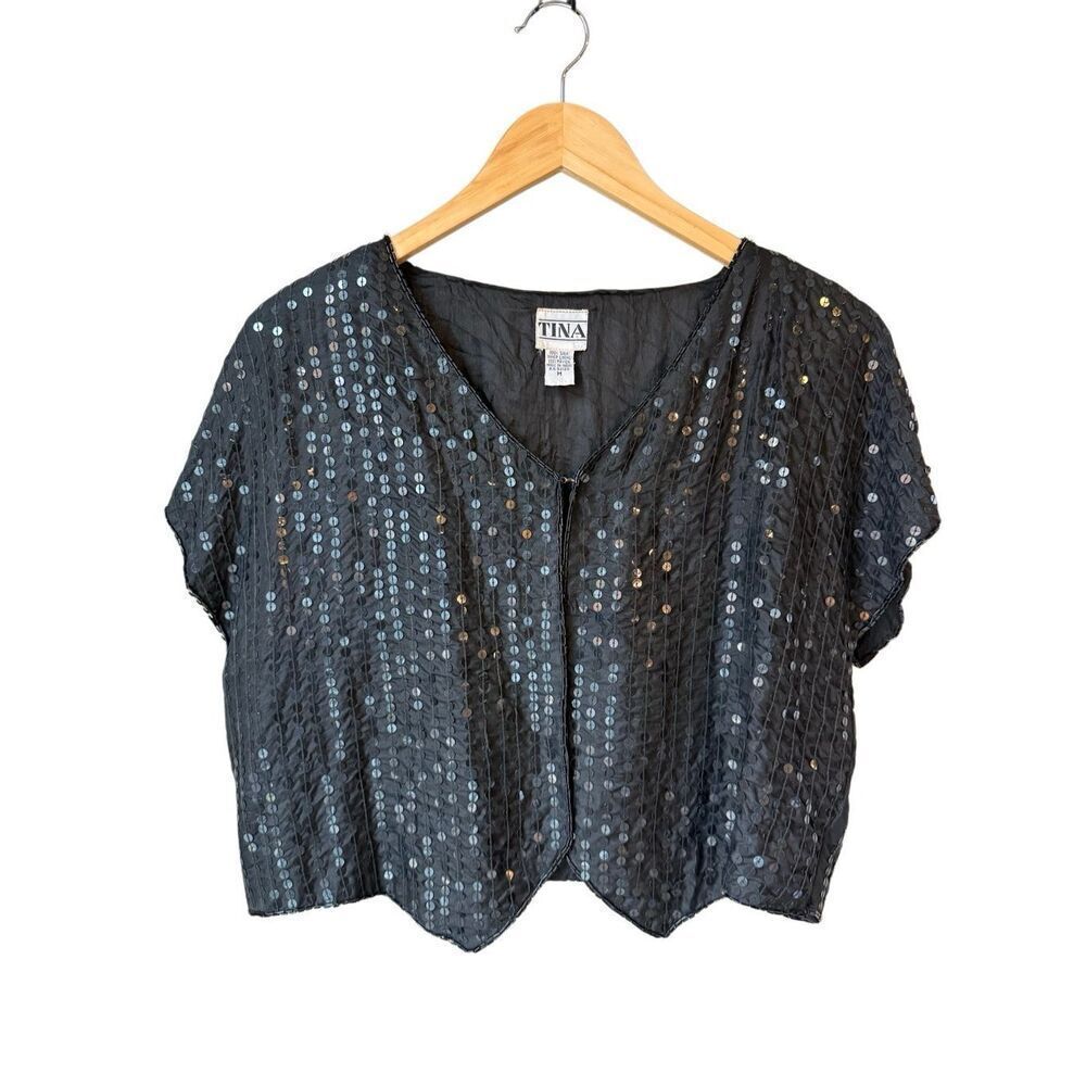 Vintage 80’s TINA Black Silk Sequined Open Front Top Size M - Picture 2 of 8
